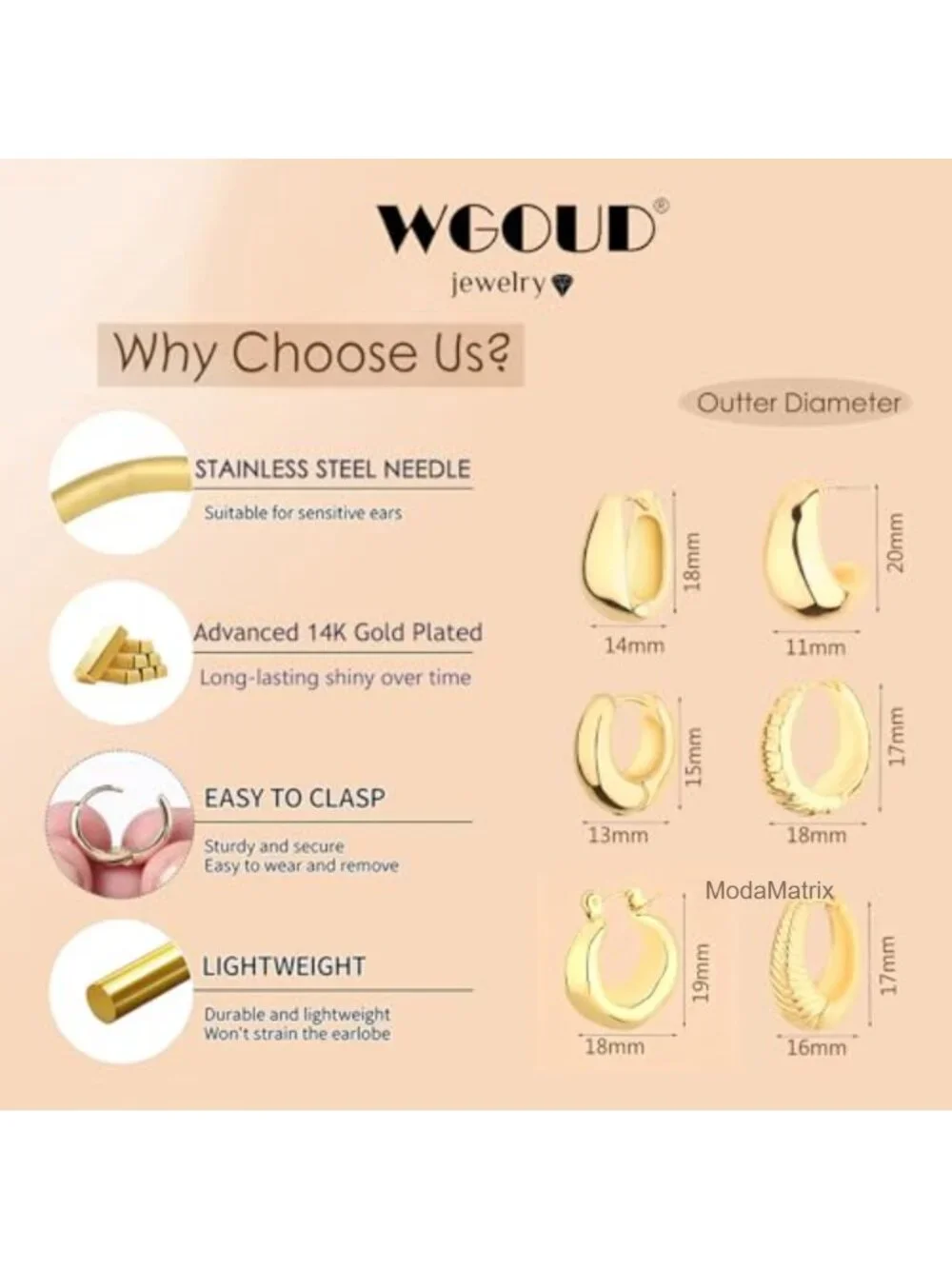 6 Pairs Chunky Gold Hoop Earrings, 14K Gold Plated Hypoallergenic, Thick